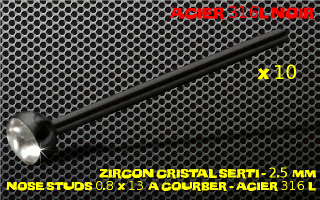 lot de 10 nose studs acier 316 l noir- 0.8 x 13 mm - a courber sur mesure - boule 2.5 mm - zircon cristal serti