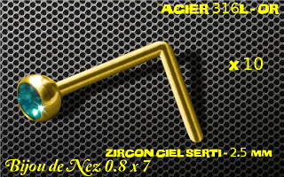 lot de 10 nose studs acier 316 l or- 0.8 x 7mm - boule 2.5 mm - zircon ciel serti