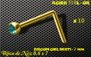 lot de 10 nose studs acier 316 l or- 0.8 x 7mm - boule 2 mm - zircon ciel serti