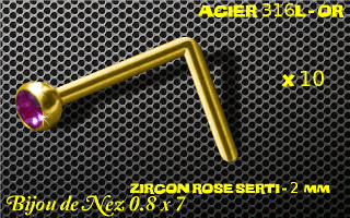 lot de 10 nose studs acier 316 l or- 0.8 x 7mm - boule 2 mm - zircon rose serti