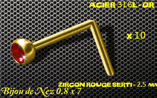 lot de 10 nose studs acier 316 l or- 0.8 x 7mm - boule 2.5 mm - zircon rouge serti
