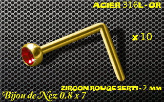 lot de 10 nose studs acier 316 l or- 0.8 x 7mm - boule 2 mm - zircon rouge serti