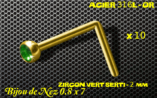lot de 10 nose studs acier 316 l or- 0.8 x 7mm - boule 2 mm - zircon vert serti