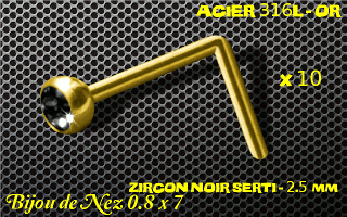 lot de 10 nose studs acier 316 l or- 0.8 x 7mm - boule 2.5 mm - zircon noir serti