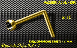 lot de 10 nose studs acier 316 l or- 0.8 x 7mm - boule 2 mm - zircon noir serti