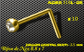 lot de 10 nose studs acier 316 l or- 0.8 x 7mm - boule 2.5 mm - zircon cristal serti