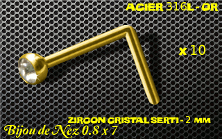 lot de 10 nose studs acier 316 l or- 0.8 x 7mm - boule 2 mm - zircon cristal serti
