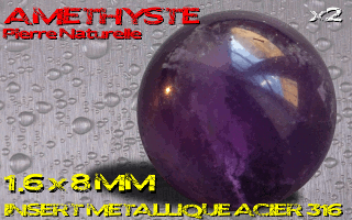 lot de 2 boules pierre naturelle 1.6 x 8 - amethyste - avec insert acier 316 - fabrication francaise