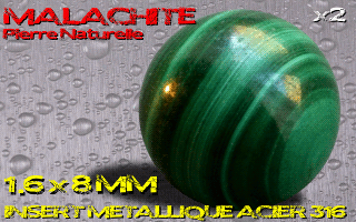 lot de 2 boules pierre naturelle 1.6 x 8 - malachite - avec insert acier 316 - fabrication francaise