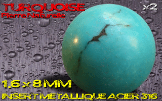 lot de 2 boules pierre naturelle 1.6 x 8 - turquoise - avec insert acier 316 - fabrication francaise