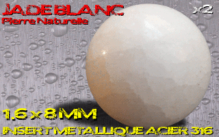 lot de 2 boules pierre naturelle 1.6 x 8 - jade blanc - avec insert acier 316 - fabrication francaise