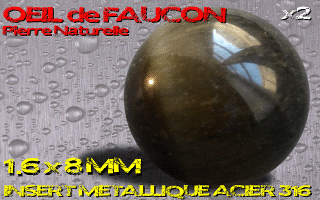 lot de 2 boules pierre naturelle 1.6 x 8 - oeil de faucon - avec insert acier 316 - fabrication francaise