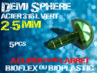 lot de 5 demi sphere - diametre 2.5 mm - acier 316 l vert - a cliper pour labret bioflex et bioplatic