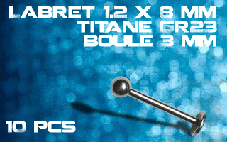 lot de 10 labret 1.2 x 8 titane grade 23 - boule 3 mm