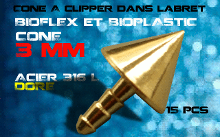lot de 15 cones acier 316 l dore - 3 mm - a cliper pour labret bioflex et bioplatic