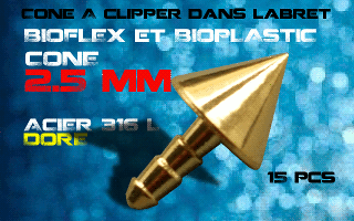lot de 15 cones acier 316 l dore - 2.5 mm - a cliper pour labret bioflex et bioplatic