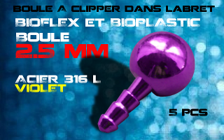 lot de 5 boules acier 316 l violet - 2.5 mm - a cliper pour labret bioflex et bioplatic