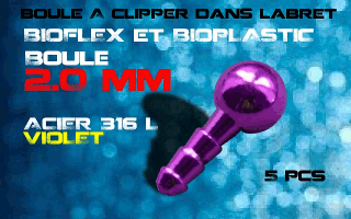 lot de 5 boules acier 316 l violet - 2 mm - a cliper pour labret bioflex et bioplatic