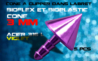 lot de 5 cones acier 316 l violet - 3 mm - a cliper pour labret bioflex et bioplatic