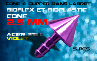 lot de 5 cones acier 316 l violet - 2.5 mm - a cliper pour labret bioflex et bioplatic