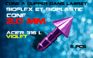 lot de 5 cones acier 316 l violet - 2 mm - a cliper pour labret bioflex et bioplatic