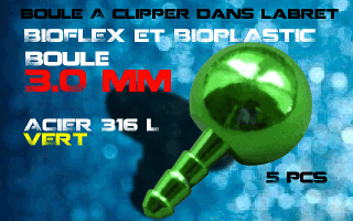 lot de 5 boules acier 316 l vert - 3 mm - a cliper pour labret bioflex et bioplatic