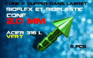 lot de 5 cones acier 316 l vert - 2 mm - a cliper pour labret bioflex et bioplatic