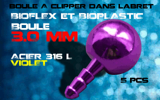 lot de 5 boules acier 316 l violet - 3 mm - a cliper pour labret bioflex et bioplatic
