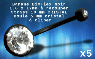 lot de 5 bananes bioflex noires pierre cristal blanc sertie- 1.6x17mm recoupable. boule superieure clipable-