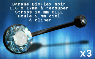 lot de 3 bananes bioflex noires pierre cristal ciel sertie- 1.6x17mm recoupable. boule superieure clipable-