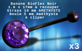 lot de 3 bananes bioflex noires pierre cristal amethyste sertie- 1.6x17mm recoupable. boule superieure clipable-