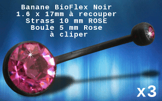 lot de 3 bananes bioflex noires pierre cristal rose sertie- 1.6x17mm recoupable. boule superieure clipable-