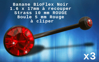lot de 3 bananes bioflex noires pierre cristal rouge sertie- 1.6x17mm recoupable. boule superieure clipable-