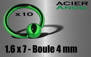 lot de 10 anneaux 1.6 x 7 - boule 4 mm - acier 316 l anod. vert