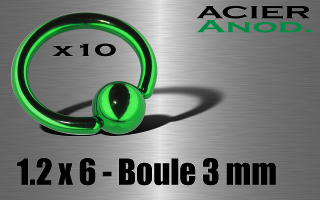 lot de 10 anneaux 1.2 x 6 - boule 3 mm - acier 316 l anod. vert