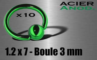 lot de 10 anneaux 1.2 x 7 - boule 3 mm - acier 316 l anod. vert