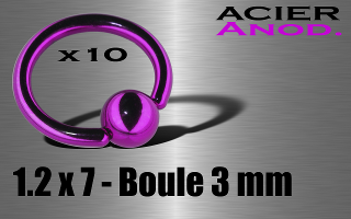 lot de 10 anneaux 1.2 x 7 - boule 3 mm - acier 316 l anod. violet