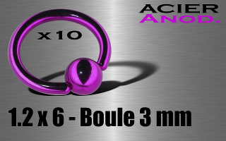 lot de 10 anneaux 1.2 x 6 - boule 3 mm - acier 316 l anod. violet