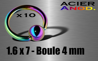 lot de 10 anneaux 1.6 x 7 - boule 4 mm - acier 316 l anod. irise