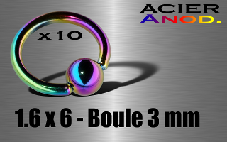 lot de 10 anneaux 1.6 x 6 - boule 3 mm - acier 316 l anod. irise