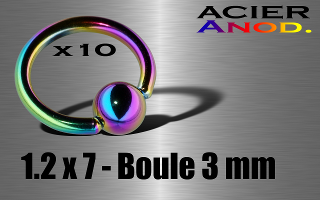 lot de 10 anneaux 1.2 x 7 - boule 3 mm - acier 316 l anod. irise