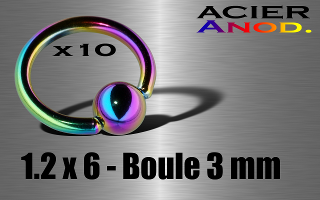 lot de 10 anneaux 1.2 x 6 - boule 3 mm - acier 316 l anod. irise