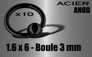 lot de 10 anneaux 1.6 x 6 - boule 3 mm - acier 316 l anod. noir