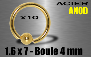 lot de 10 anneaux 1.6 x 7 - boule 4 mm - acier 316 l anod. or