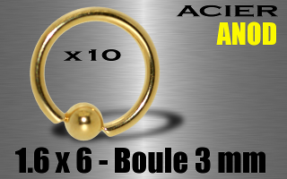 lot de 10 anneaux 1.6 x 6 - boule 3 mm - acier 316 l anod. or