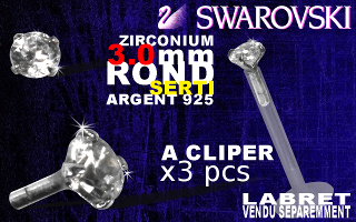 Lot de 5 (NON PAS 3) accessoires a cliper pour labret bioflex et bioplastic creux - Cristal SWAROVSKI original ultra brillant resiste au UV - pierre sertie 3.0 mm ronde