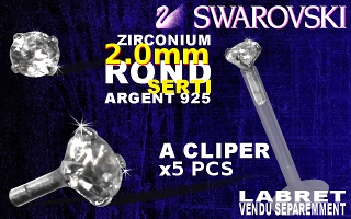 Lot de 5 accessoires a cliper pour labret bioflex et bioplastic creux - Cristal SWAROVSKI original ultra brillant resiste au UV - pierre sertie 2.0 mm ronde