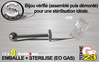 lot de 10 labret tit. gr23 - 1.2 x 8 mm - boule 3mm - emballe individuellement - sterilise. mentions au dos du sachet : matiere du bijou - date de peremption - type de sterilisation