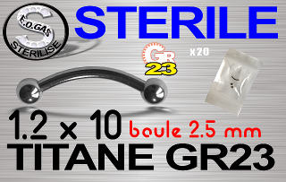 lot de 10 micro bananes titane grade 23 - 1.2 x 10 - boules 2.5 mm - mentions au dos du sachet : matiere du bijou - date de peremption - type de sterilisation - emballage individuel