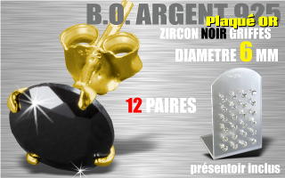 12 paires de boucle d oreille argent plaque Or - zircon rond noir griffe - diametre 6 mm - livre avec presentoir